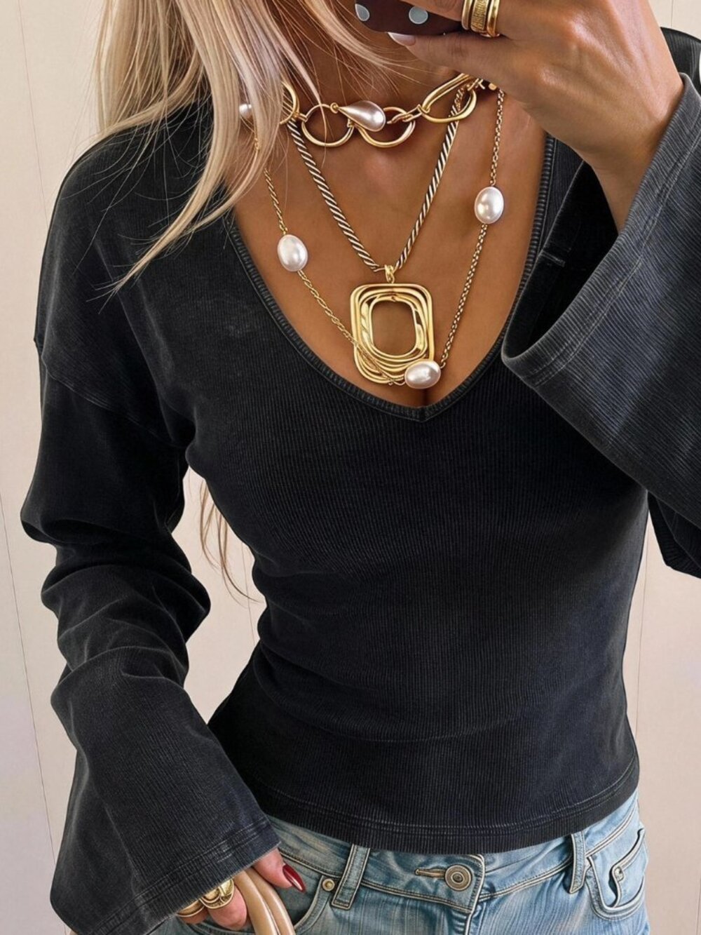 Black Casual Women's Knitted V-Neck Drop Shoulder Long Sleeve T-Shirt